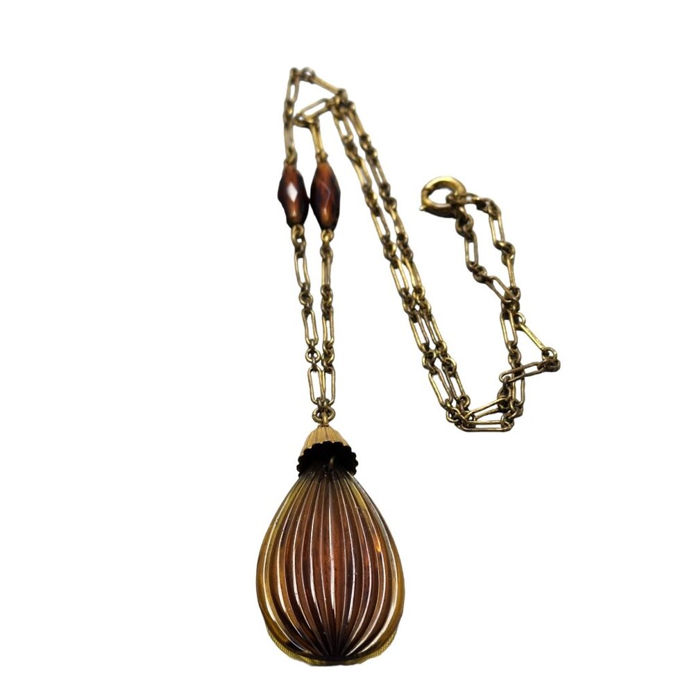 Vintage Art Deco Fluted/Ribbed Rootbeer Glass Pendant Necklace (A1629)